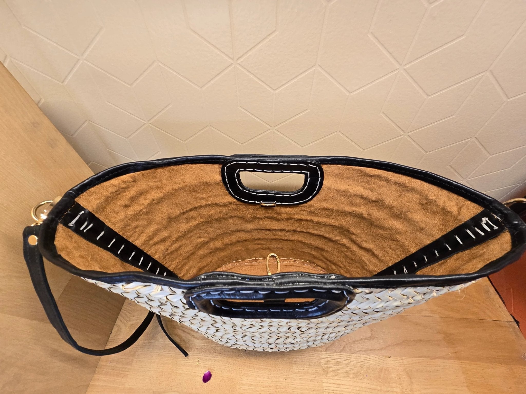 Sac Panier Chic en Osier et Cuir Noir - Ij Beldi