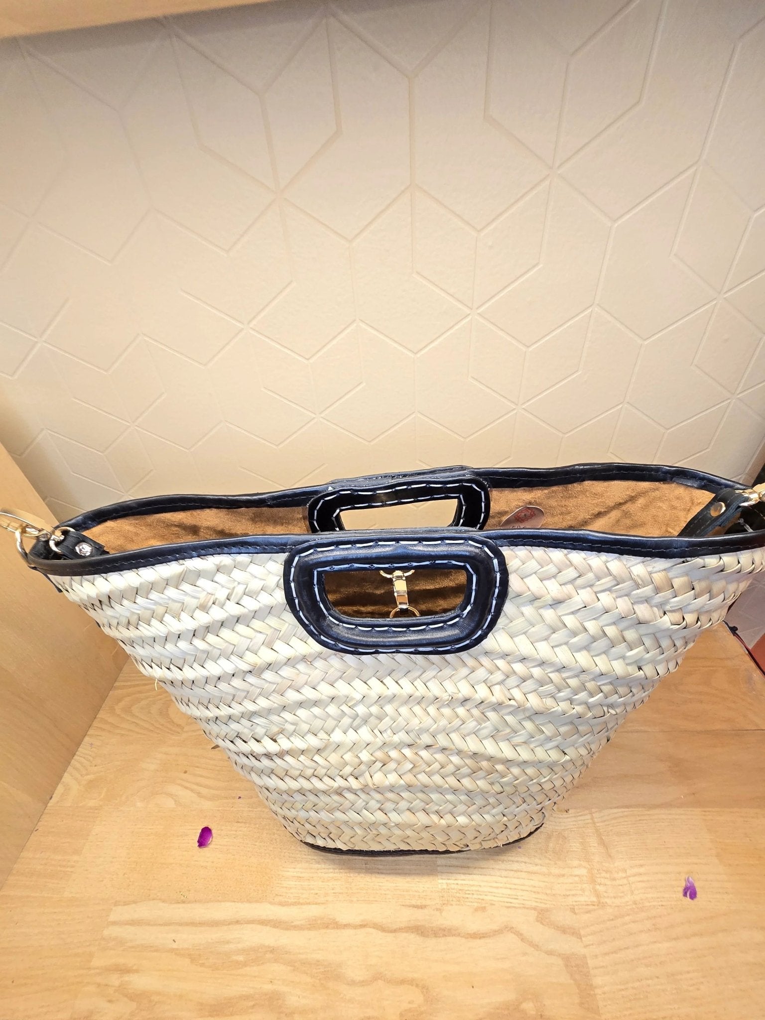 Sac Panier Chic en Osier et Cuir Noir - Ij Beldi