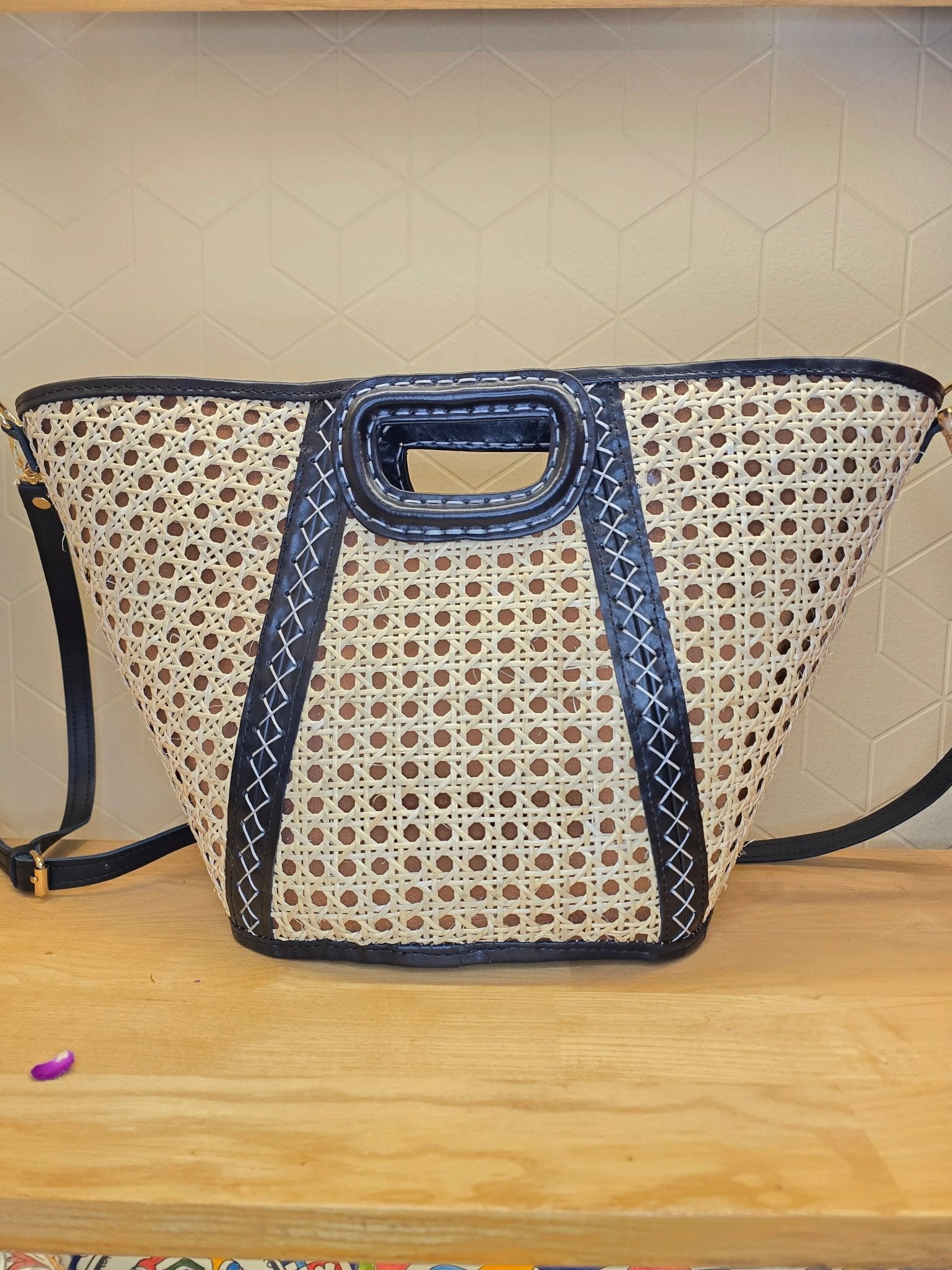 Panier en Cannage et cuir Noir - Ij Beldi