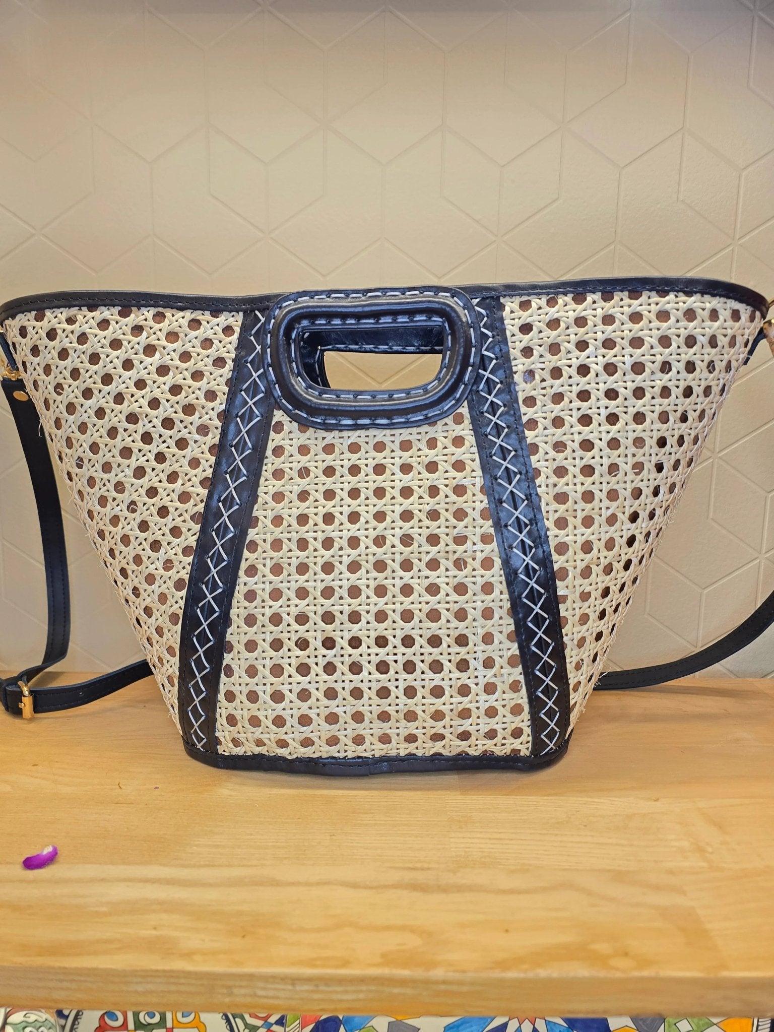 Panier en Cannage et cuir Noir - Ij Beldi