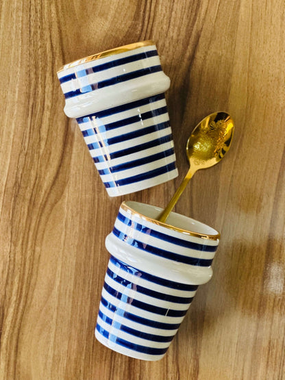 Verre Essaouira Rayé Bleu Gold – Céramique Artisanale Marocaine - Ij Beldi